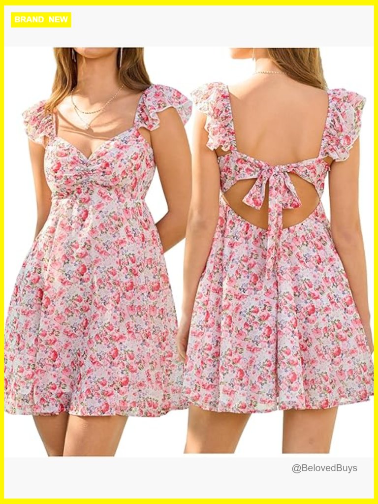 Women Summer Floral Sundress V Neck Ruffle Bow Tie Backless A Line Flowy Mini